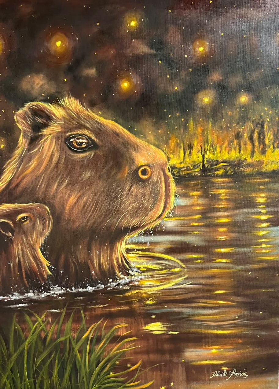Pintura: uma capivara e seu filhote dentro do rio, à noite, olhando a mata que queima na outra margem. Brasas flutuam no céu e se refletem na água.